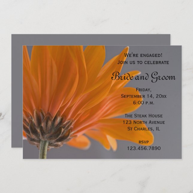Orange Daisy on Grey Engagement Party Invitation (Front/Back)