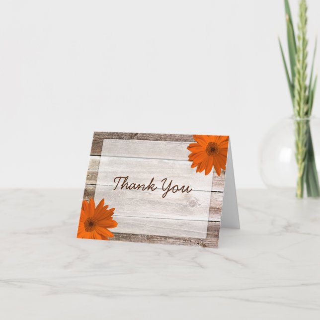 Orange Daisy Rustic Barn Wood Thank You Card (Front)
