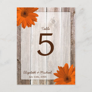 Orange Daisy Rustic Barn Wood Wedding Table Number Postcard