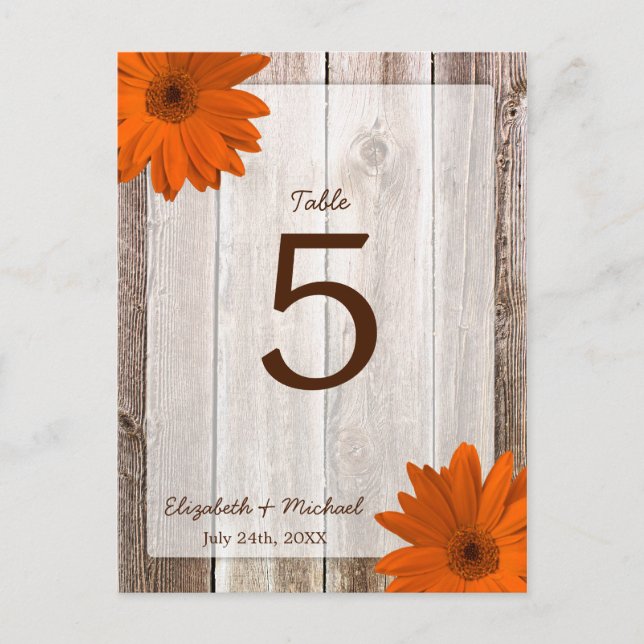 Orange Daisy Rustic Barn Wood Wedding Table Number Postcard (Front)