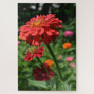 Orange daisy, zinnia, cosmo, sunflower garden jigsaw puzzle