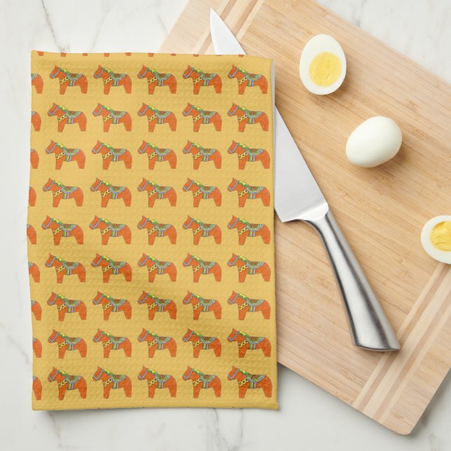 Orange Dala Horses Dishtowel Tea Towel (Quarter Fold)