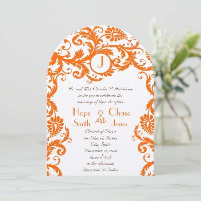 Orange Damask Coral Monogram Wedding Invitation (Standing Front)