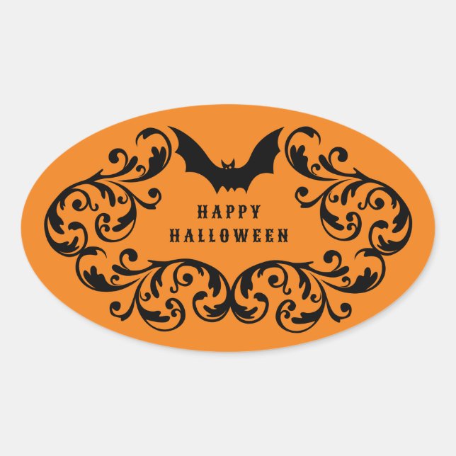 Orange Damask Glam Bats and Spider Happy Halloween Oval Sticker (Front)
