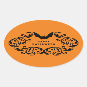 Orange Damask Glam Bats and Spider Happy Halloween Oval Sticker