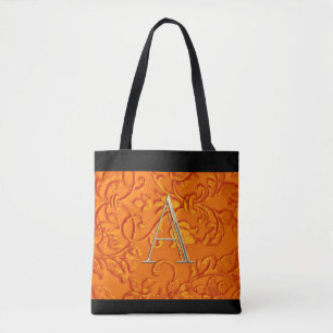 Orange Damask Gold Monogram Initial Tote Bag