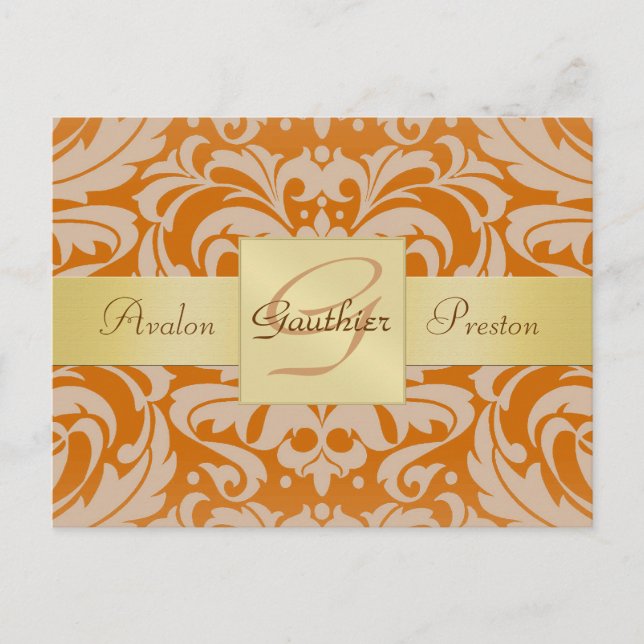 Orange Damask Gold Monogram Save The Date Postcard (Front)
