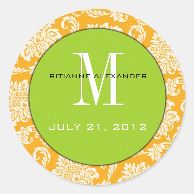 Orange Damask Green Monogram Wedding Sticker (Front)