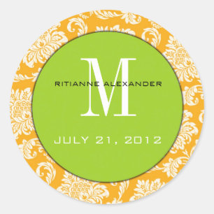 Orange Damask Green Monogram Wedding Sticker