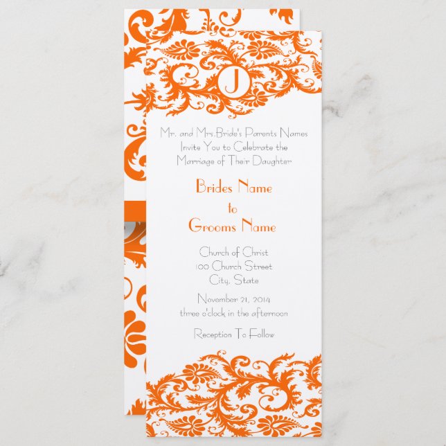 Orange Damask Monogram Wedding Invitation (Front/Back)