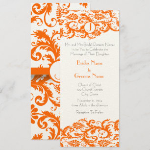Orange Damask Monogram Wedding Invitation
