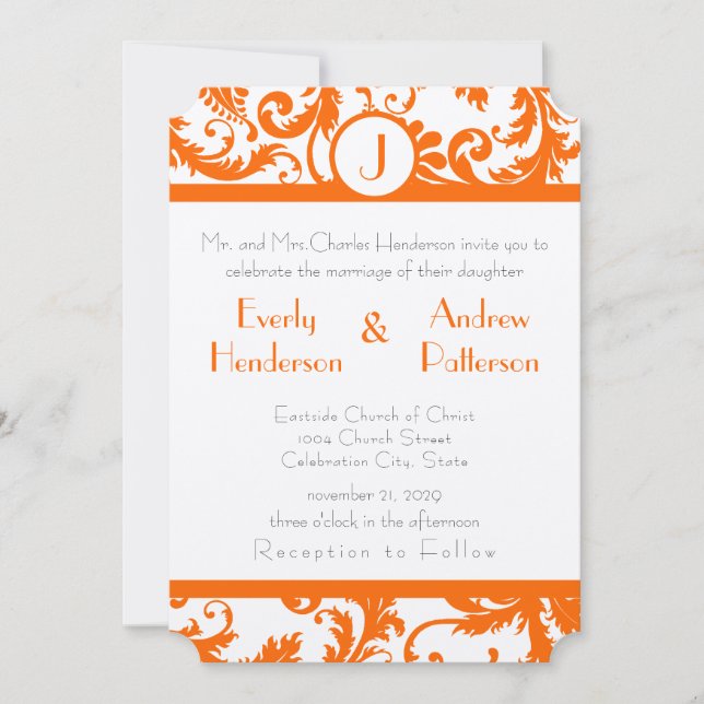 Orange Damask Monogram Wedding Invitation (Front)