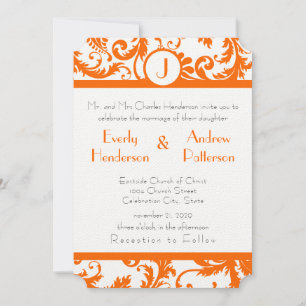 Orange Damask Monogram Wedding Invitation