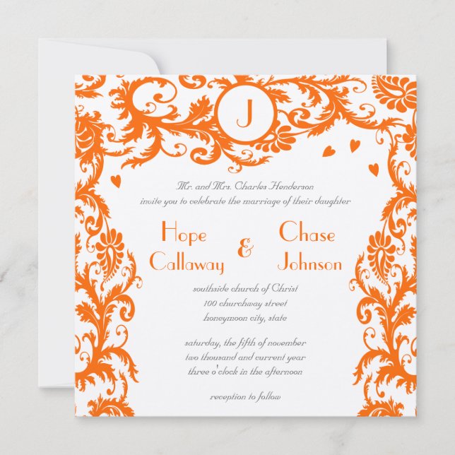 Orange Damask Monogram Wedding Invitation (Front)