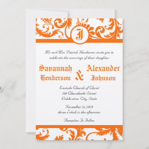 Orange Damask Monogram Wedding Invitation