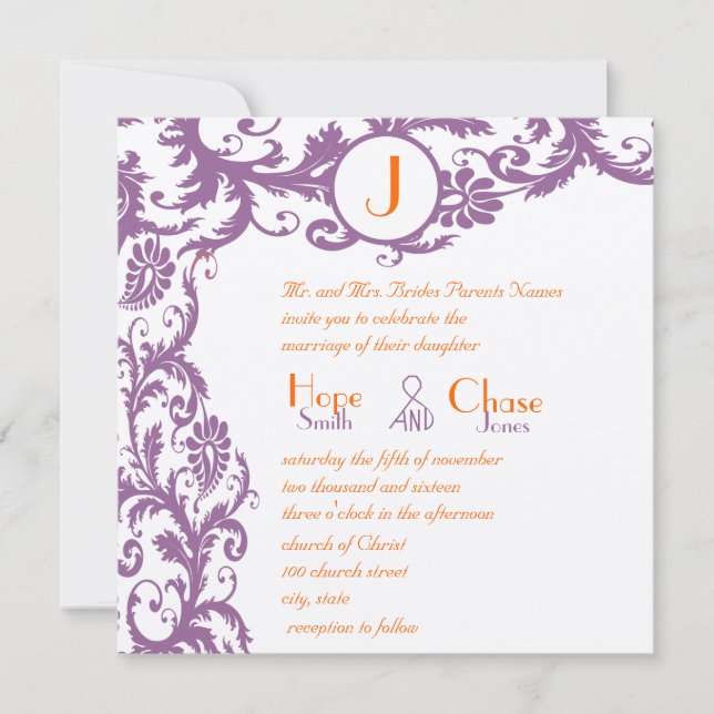 Orange Damask Monogram Wedding Invitation (Front)