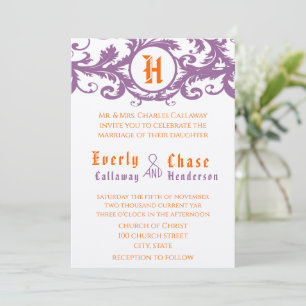 Orange Damask Monogram Wedding Invitation