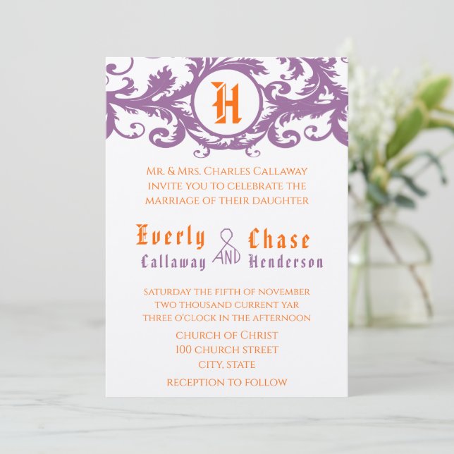 Orange Damask Monogram Wedding Invitation (Standing Front)