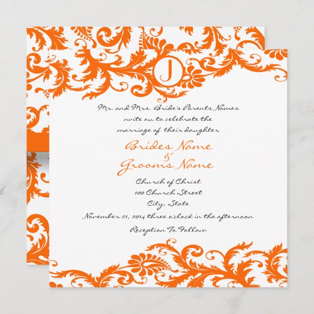 Orange Damask Monogram Wedding Invitation (Front/Back)