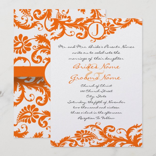 Orange Damask Monogram Wedding Invitation (Front/Back)