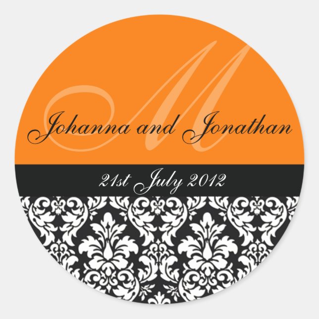 Orange Damask Monogram Wedding Stickers (Front)