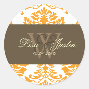 Orange Damask monogram wedding stickers