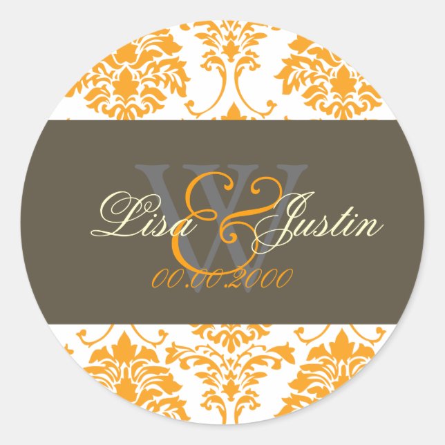 Orange Damask monogram wedding stickers (Front)