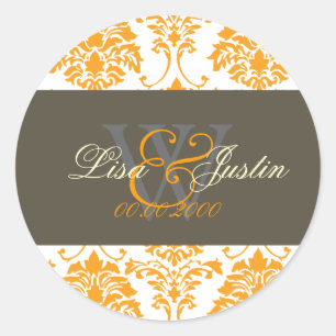 Orange Damask monogram wedding stickers