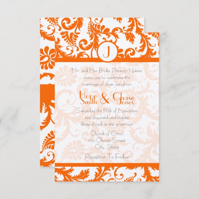 Orange Damask Monogram WeddingRSVP Invitation (Front/Back)