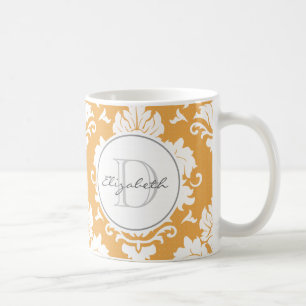 Orange Damask Monogrammed Mug