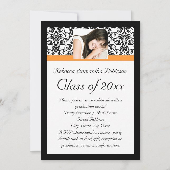 Orange Damask Photo Girl's Graduation Invitation (Front)