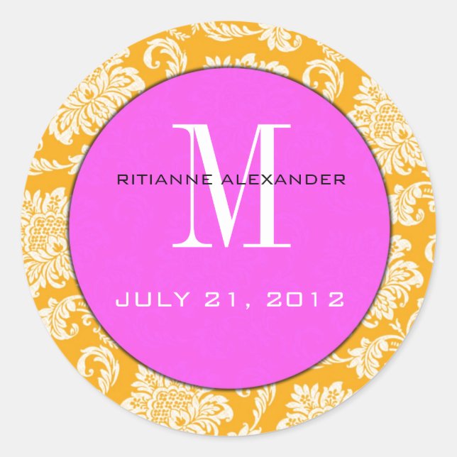 Orange Damask Pink Monogram Wedding Sticker (Front)