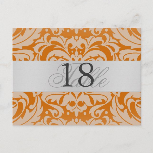 Orange Damask Silver Metal Table Number PostCard (Front)