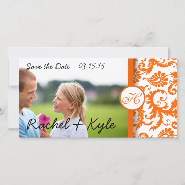 Orange Damask Swirls  Save the Date Photo (Front)