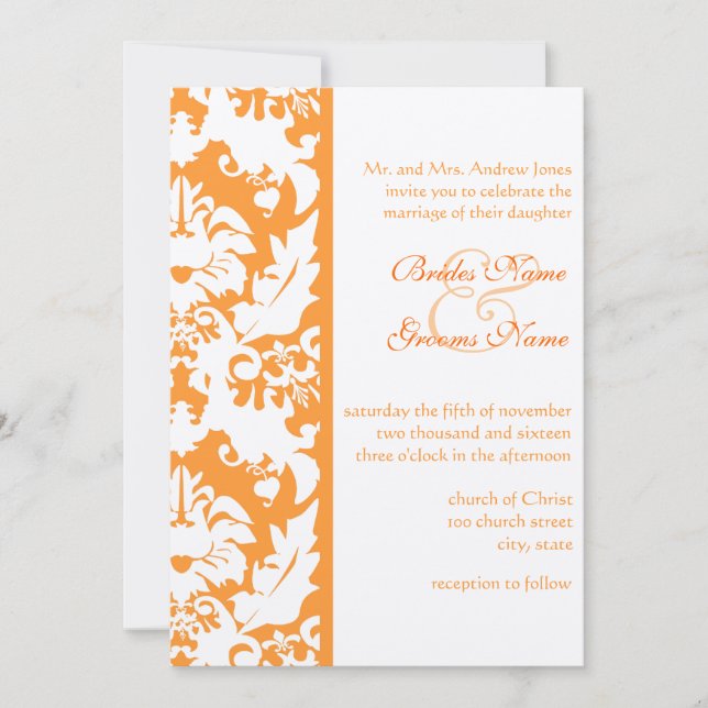 Orange Damask Wedding Invitations (Front)