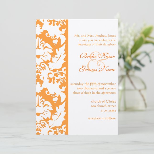 Orange Damask Wedding Invitations (Standing Front)