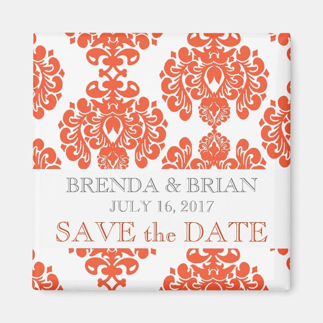 Orange Damask Wedding Save the Date Magnet (Front)