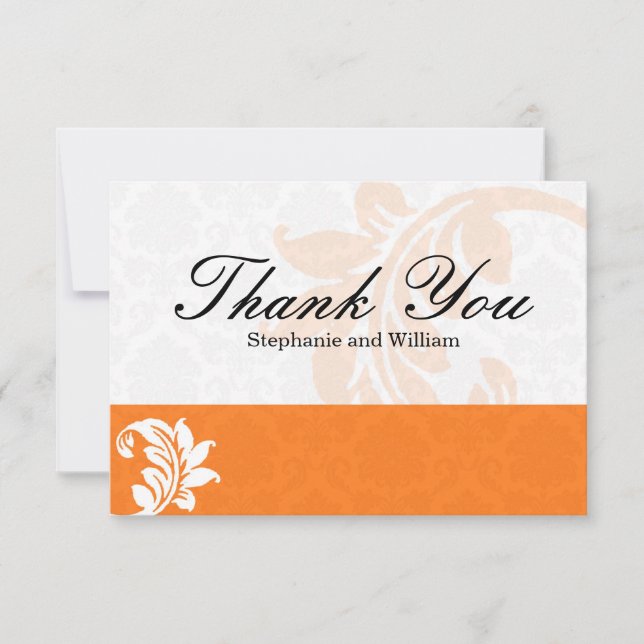 Orange Damask Wedding Thank You Card (Front)