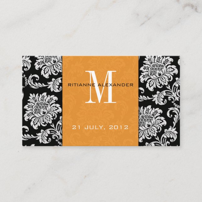 Orange Damask Wedding Website Business Card (Front)