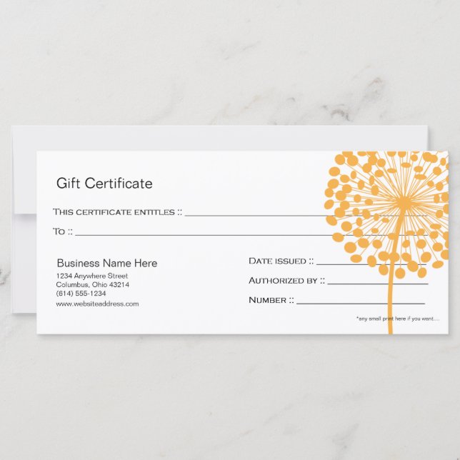 Orange Dandelion Flower Gift Certificate Design 3 (Front)