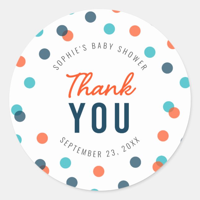 Orange Dark Blue Confetti Baby Shower Thank You Classic Round Sticker (Front)