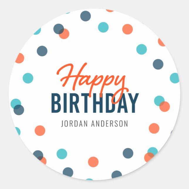 Orange Dark Blue Confetti Happy Birthday Classic Round Sticker (Front)