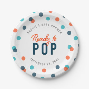 Orange Dark Blue Confetti Ready to Pop Baby Shower Paper Plate