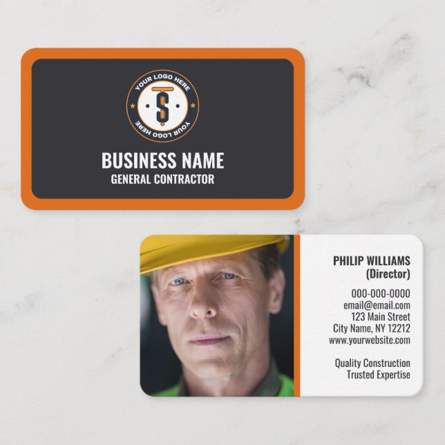 Orange Dark Grey Business Logo General Contractor Business Card (Front/Back)
