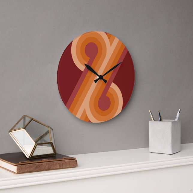 Orange Dark Maroon Red Retro Circles Art Pattern Large Clock (Office)