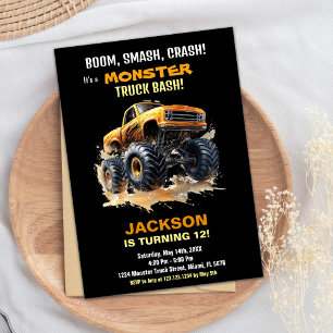 Orange Dark Monster Truck Birthday Invitations