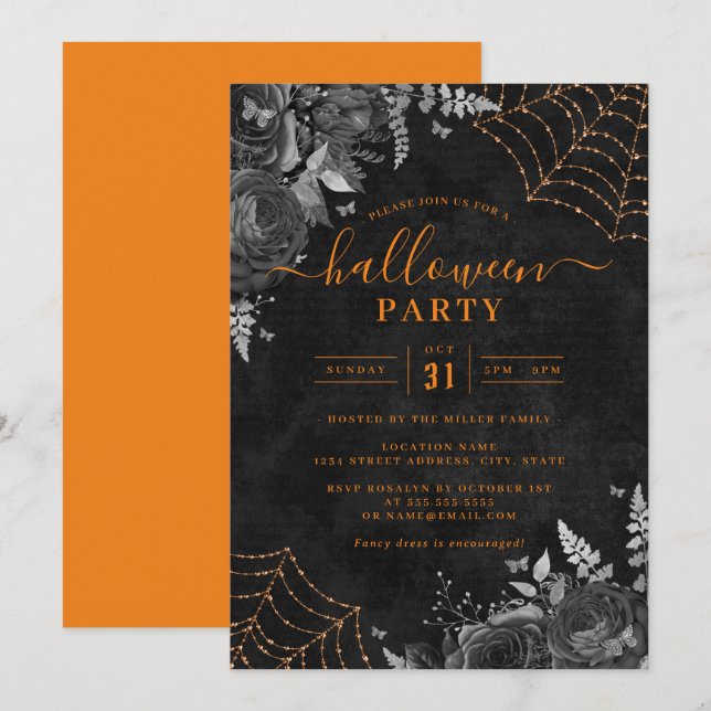 Orange Dark Spooky Floral Cobwebs Halloween Party  Invitation (Front/Back)