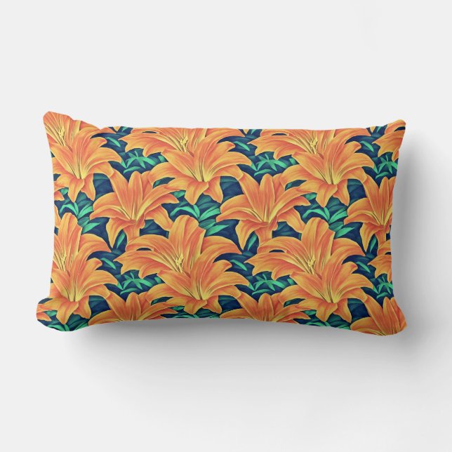 Orange Day Lilies with Green Leaves Lumbar Cushion (Front)