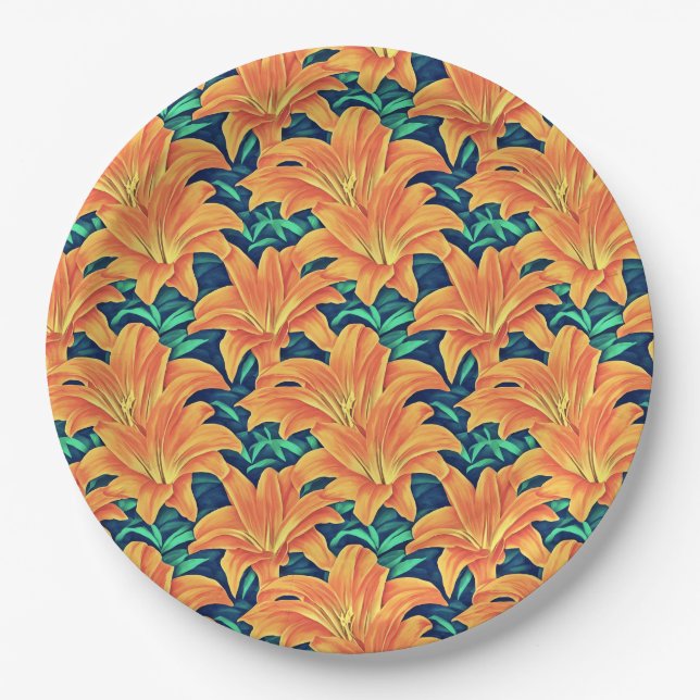 Orange Day Lilies with Green Leaves Paper Plate (Front)