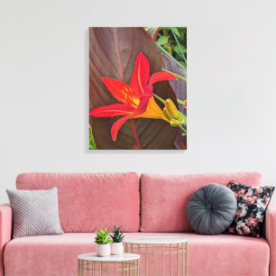 Orange Daylily Bloom and Plant Leaf Canvas Print